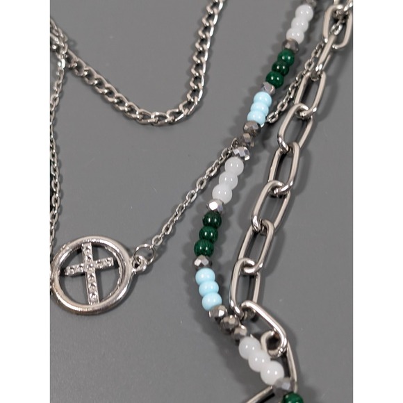 Bohemian Style Green Blue Beaded Silver Tone Layered Chain Statement Necklace - Picture 5 of 9